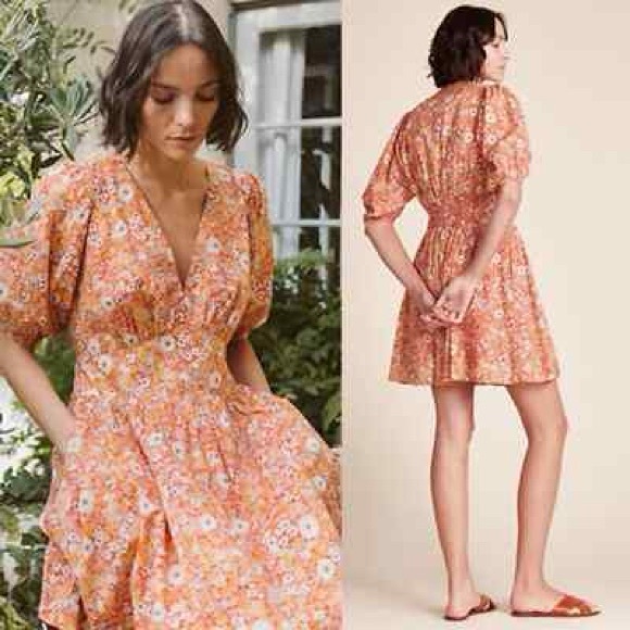 Trovata Birds of Paradis Gia Puff Sleeve V Neck Mini Dress in Autumn Fields - Picture 1 of 8